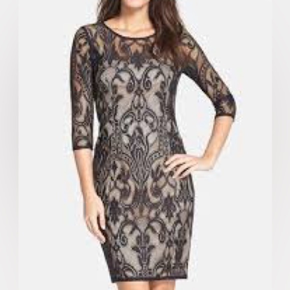Adrianna Papell Lace Overlay Sheath Dress in Black & Tan - NEW - Size 4 - Picture 1 of 9